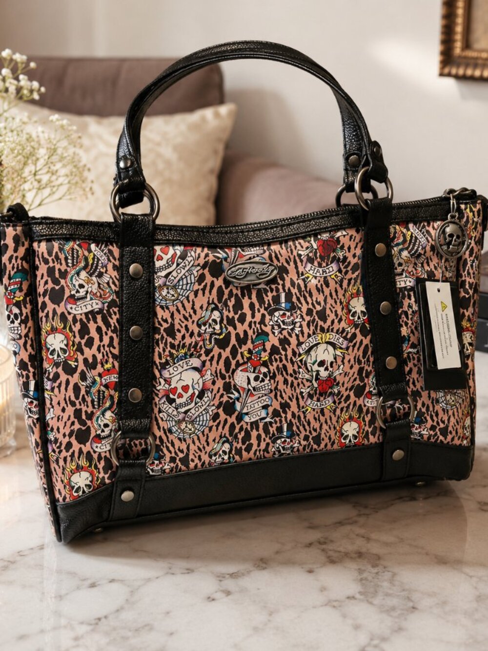 Ed Hardy Leopard Tattoo Skull Rhinestone Satchel Crossbody NWT